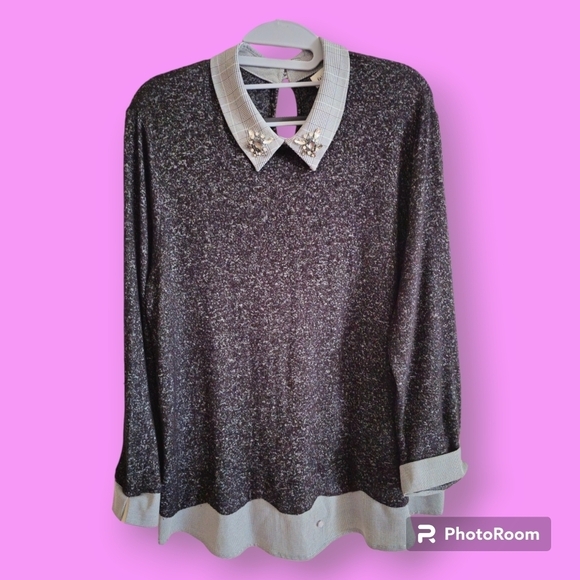 Faith and Joy Dark Grey Top & Plaid Jeweled Collar Size Large - Picture 1 of 11
